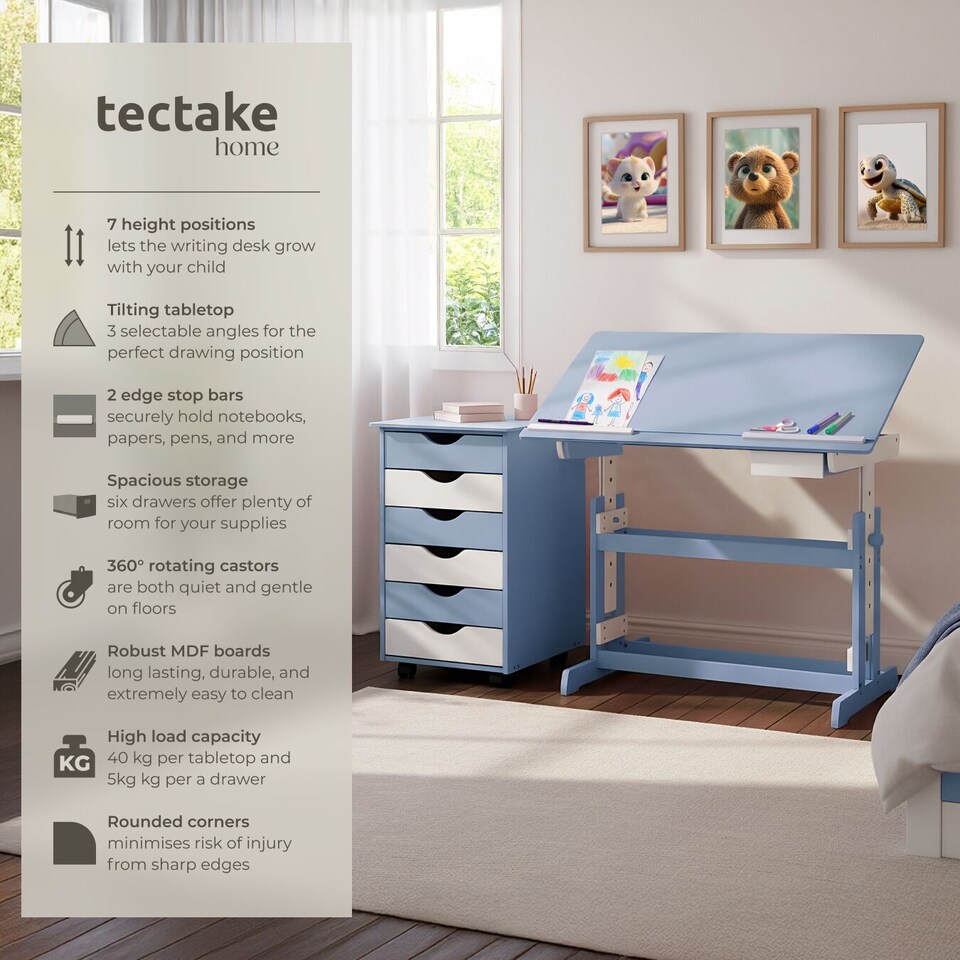 image 1 of Kids Study Desk And Filing Cabinet Set Childrens Play Room Furniture MDF In 2 Colours 7 Step Adjustable Height | Blue | blue | 109 x 55 x 94 cm | 1