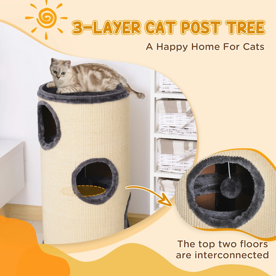 image 1 of PawHut Cat Scratching Barrel Sisal Activity Center Condo, 70cm, Beige Grey