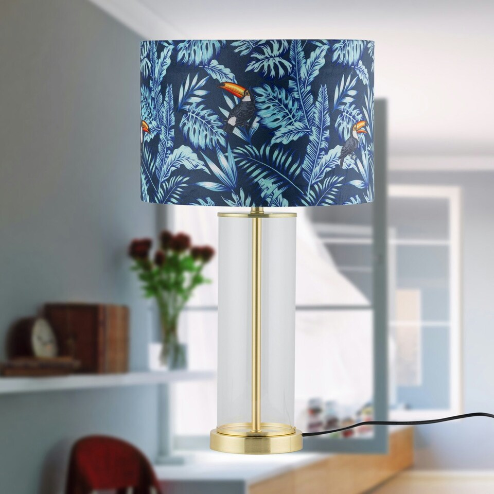 image 1 of Set of 2 Aura - Satin Brass Lamps with Toucan Velvet Shades Bronze | Multi