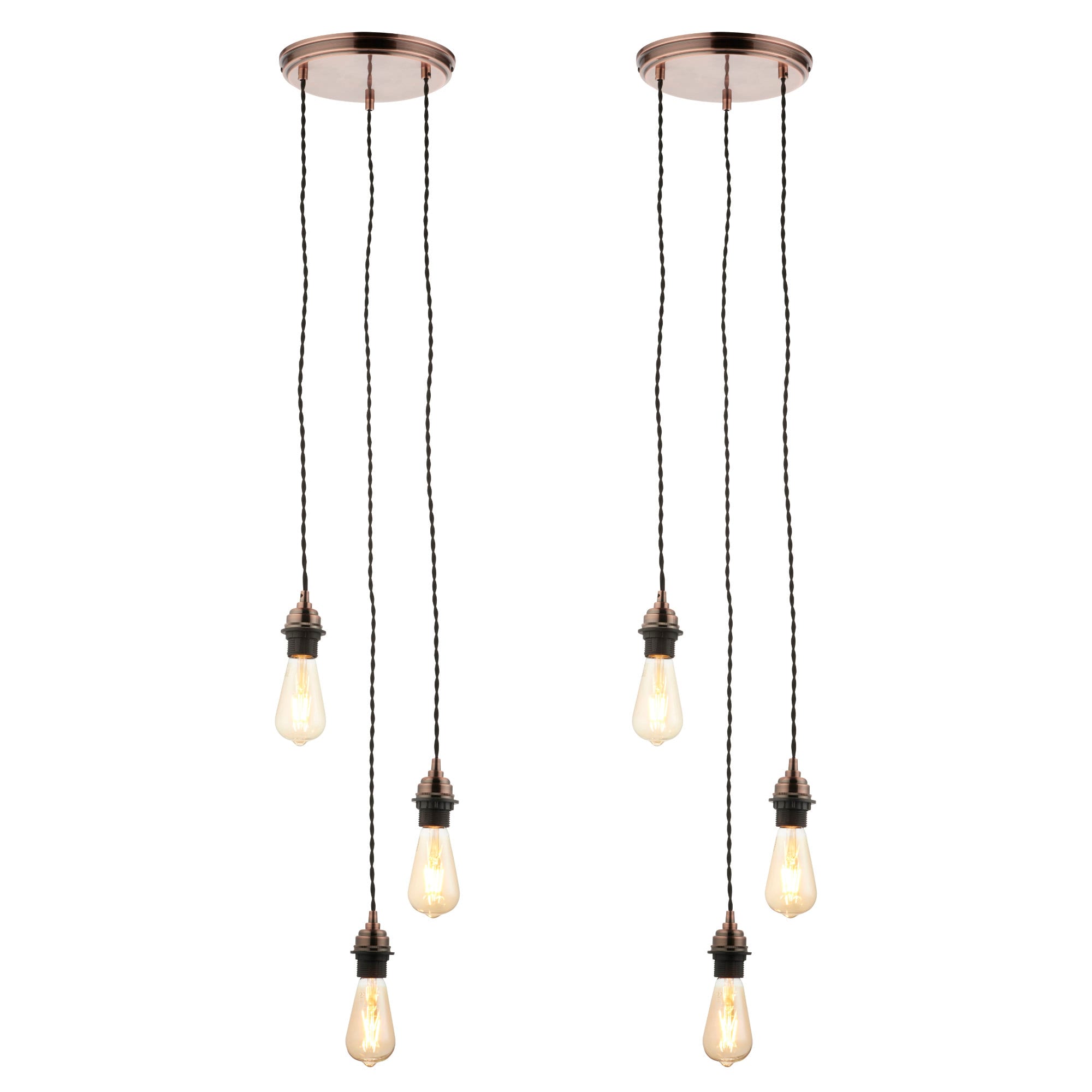 First Choice Lighting Set of 2 Antique Copper Vintage Braided Cable 3 Light Pendant Sets