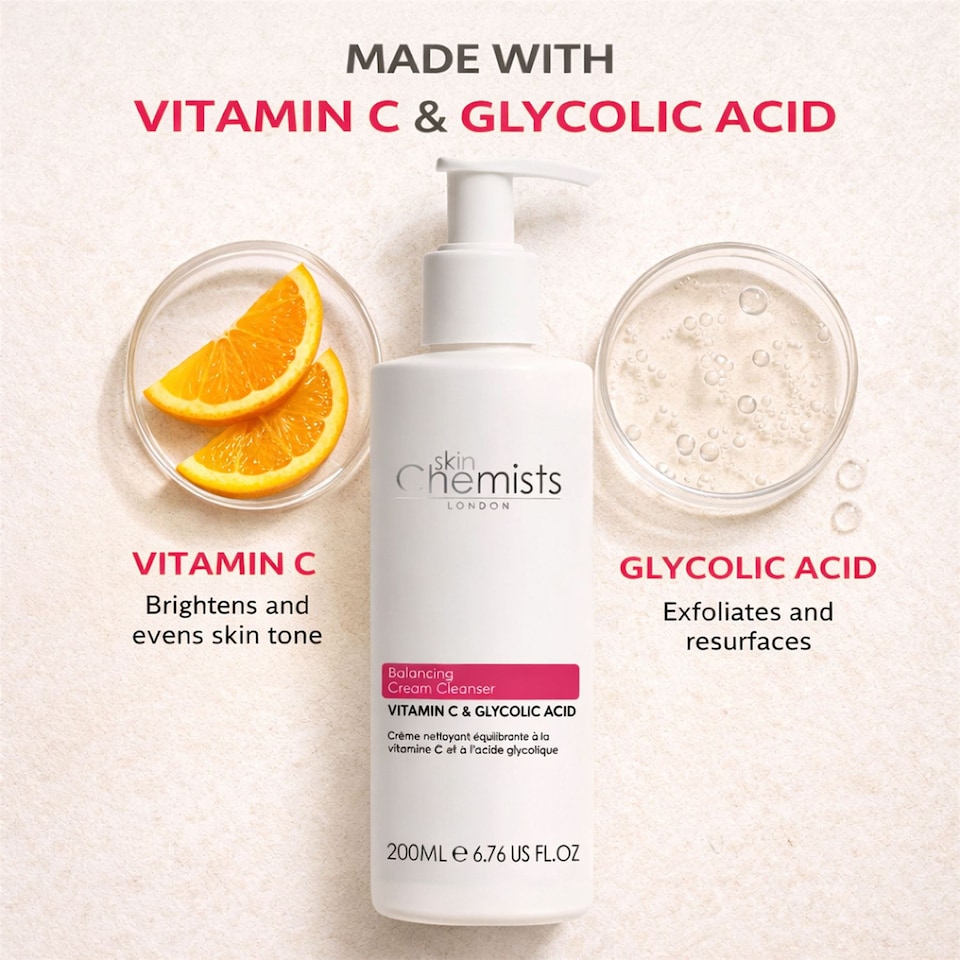image 1 of skinChemists Balancing Vitamin C & Glycolic Acid Anti-Ageing Cream Cleanser 200ml for Acne, Blemishes, Large Pores, Dullness