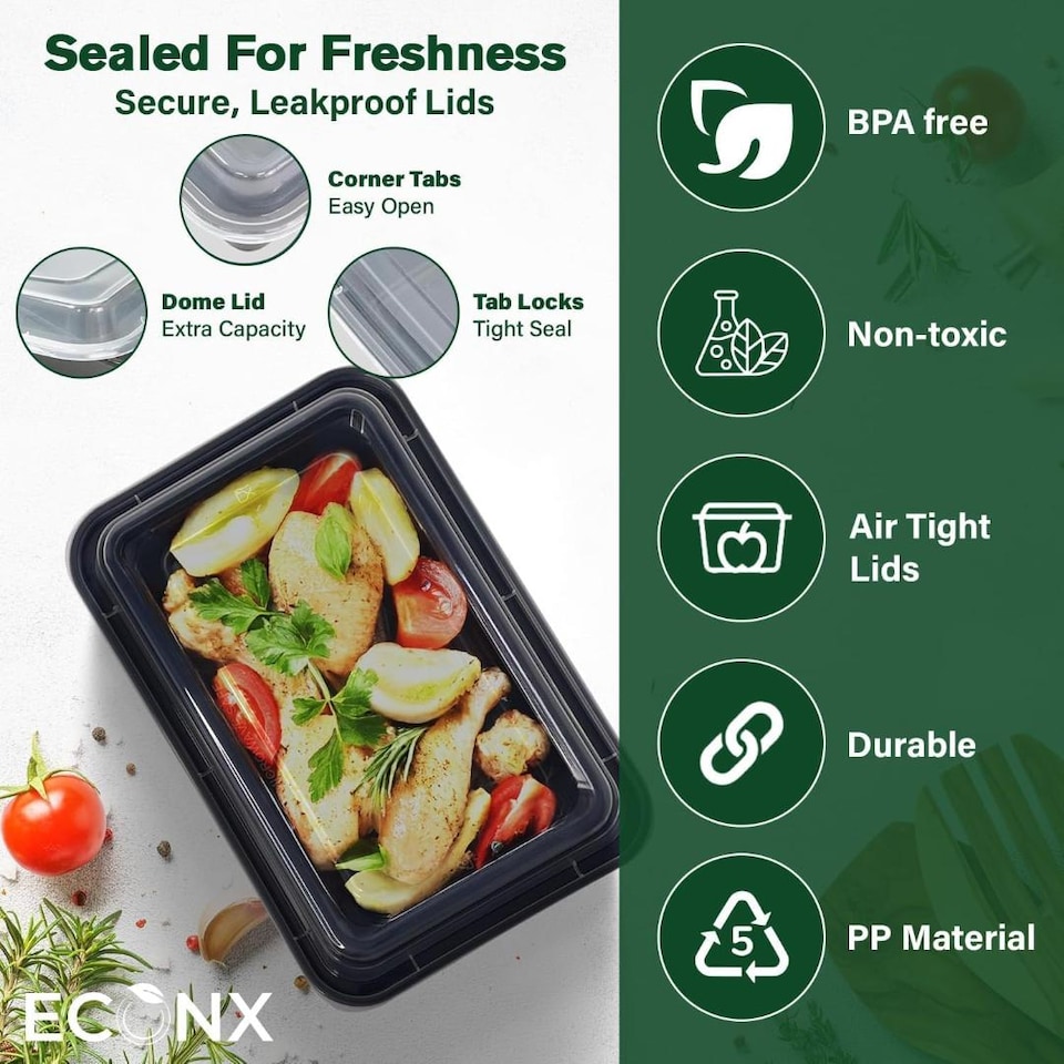 image 1 of ECONX 16oz Meal Prep Container Plastic Food Storage Containers with Lids Microwave Safe Reusable 20pc