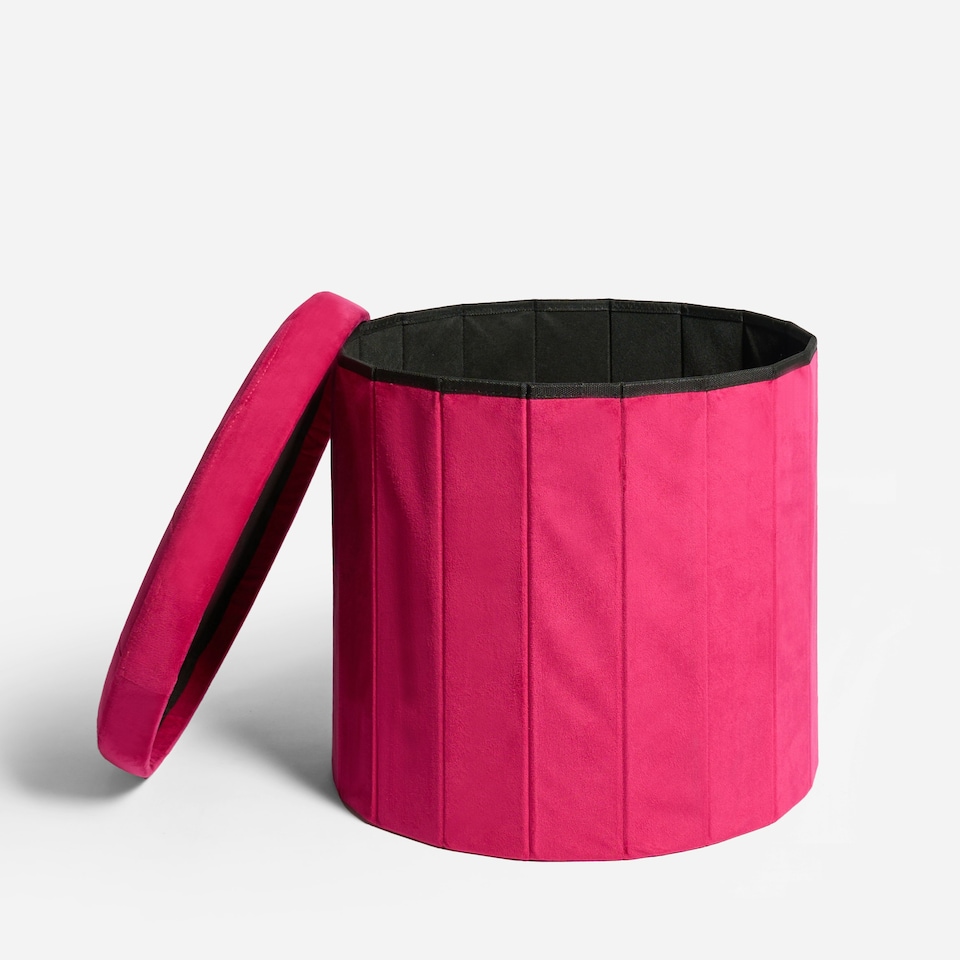 image 1 of OHS Matte Velvet Soft Round Foldable Footstool Seat Storage Organiser Ottoman Pink | Bright Pink