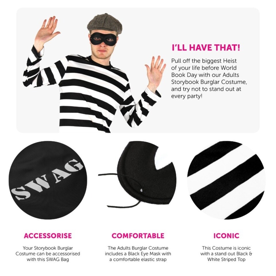 image 1 of Storybook Burglar Costume - Long Sleeve Top, Hat, Mask & Bag Black | 2XL