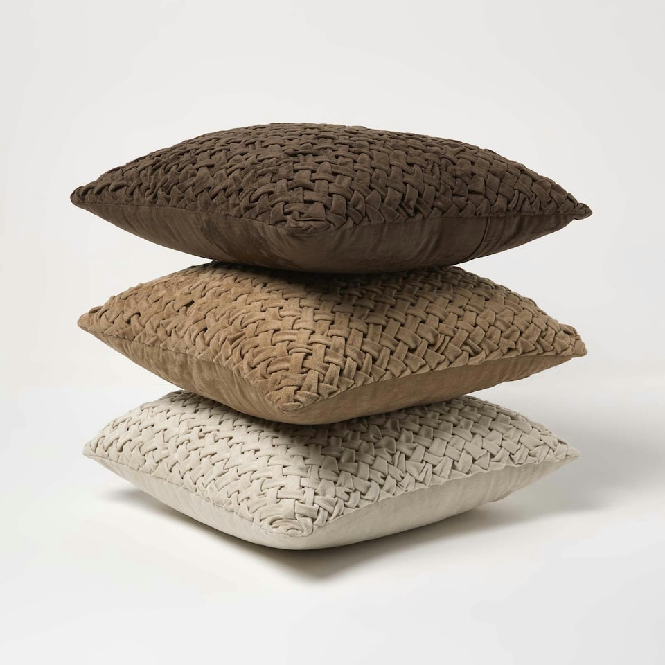 image 1 of Homescapes Sofia Pleated Brown Velvet Cushion - 45 x 45 cm | Brown | 45 x 45 cm | 1