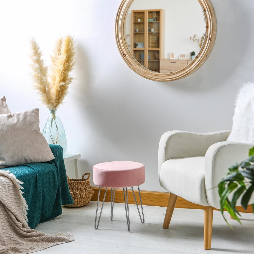 image 1 of Harbour Housewares 2x Velvet Footstools - Round Modern Dressing Table Footstool Vanity Seat Chairs - 40 x 35cm - Pink/Silver | Pink | Pink/Silver | Pack of 2 | 2