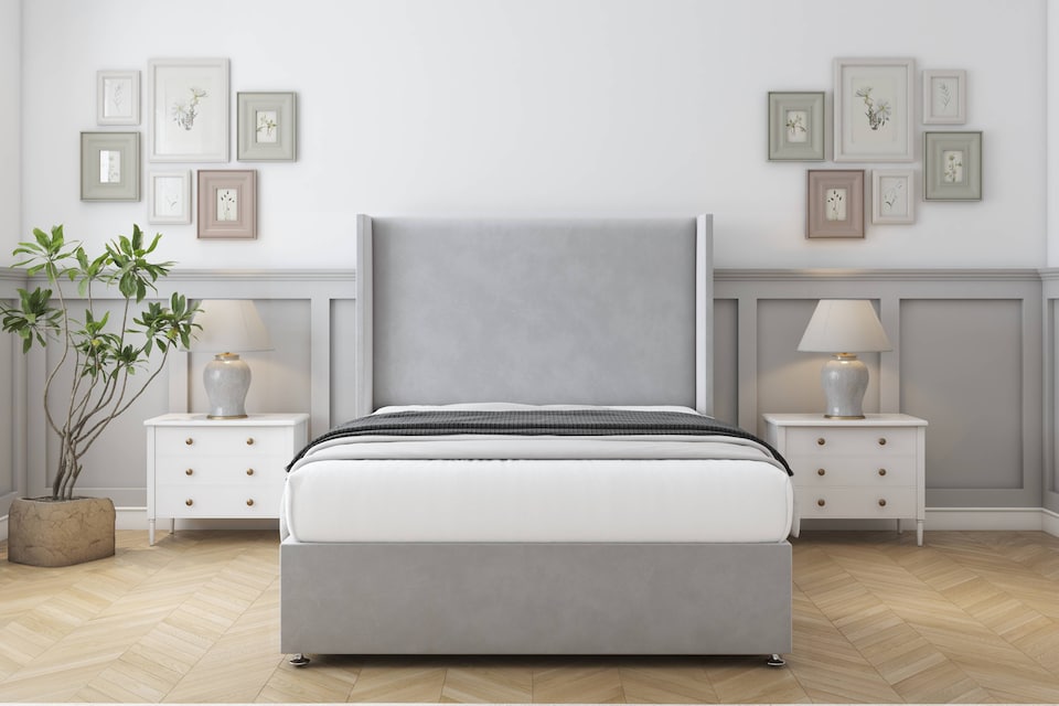 image 1 of Sloomy Devonshire Silver Plush Divan Bed With Mattress 2 Drawers Footend With 54" Wingback Headboard 5' King | Silver | Silver | King | 1