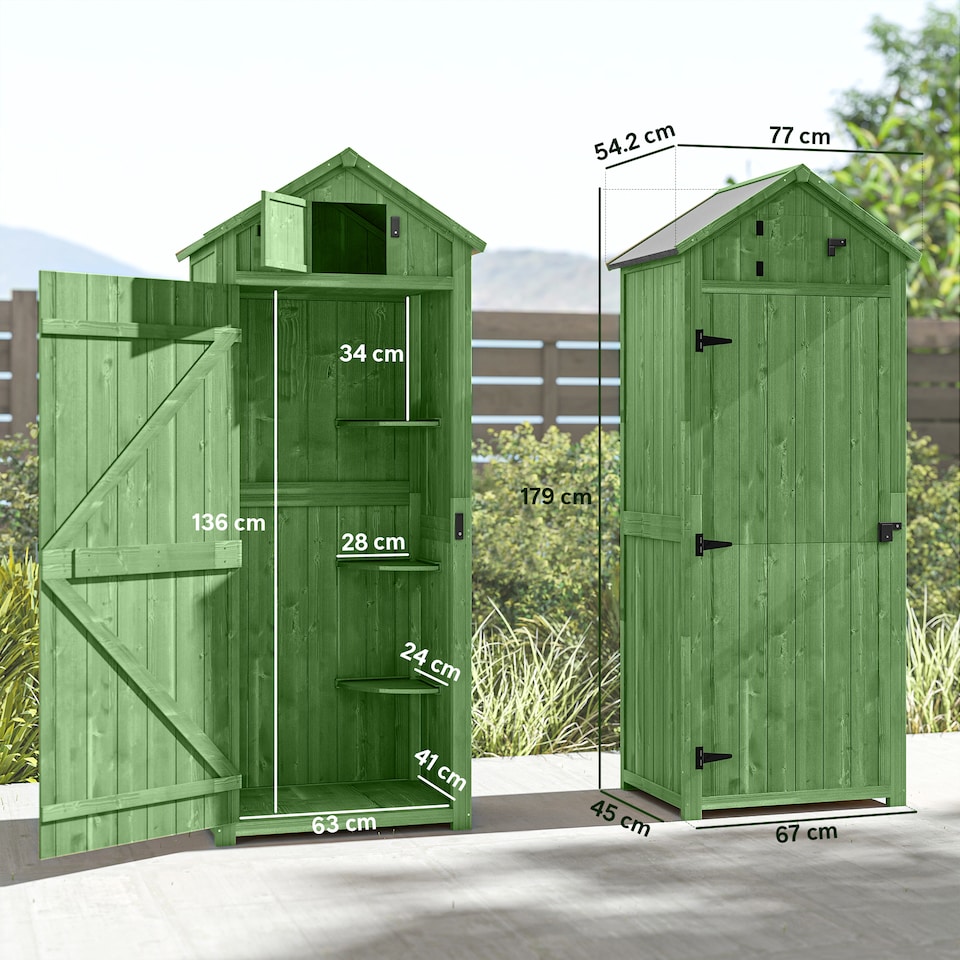 image 1 of Outsunny Small Shed, Tall Slim Wooden Garden Shed with 3 Removable Shelves and Roof Hatch, Compact Outdoor Tool Storage Cabinet with Asphalt Roof and Door Latch, 77 x 54.2 x 179 cm, Green