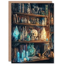 Alchemist Bookshelf Skull Magic Crystals Potions Birthday Greeting Card