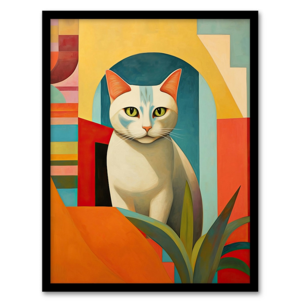 image 1 of Abstract Cubist Cat Plant Feline Geometric Black Framed Wall Art Print A4