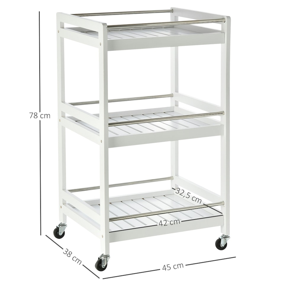 image 1 of HOMCOM 3-Tier Home Trolley Kitchen Storage w/ Steel Bars 4 Wheels Rolling White