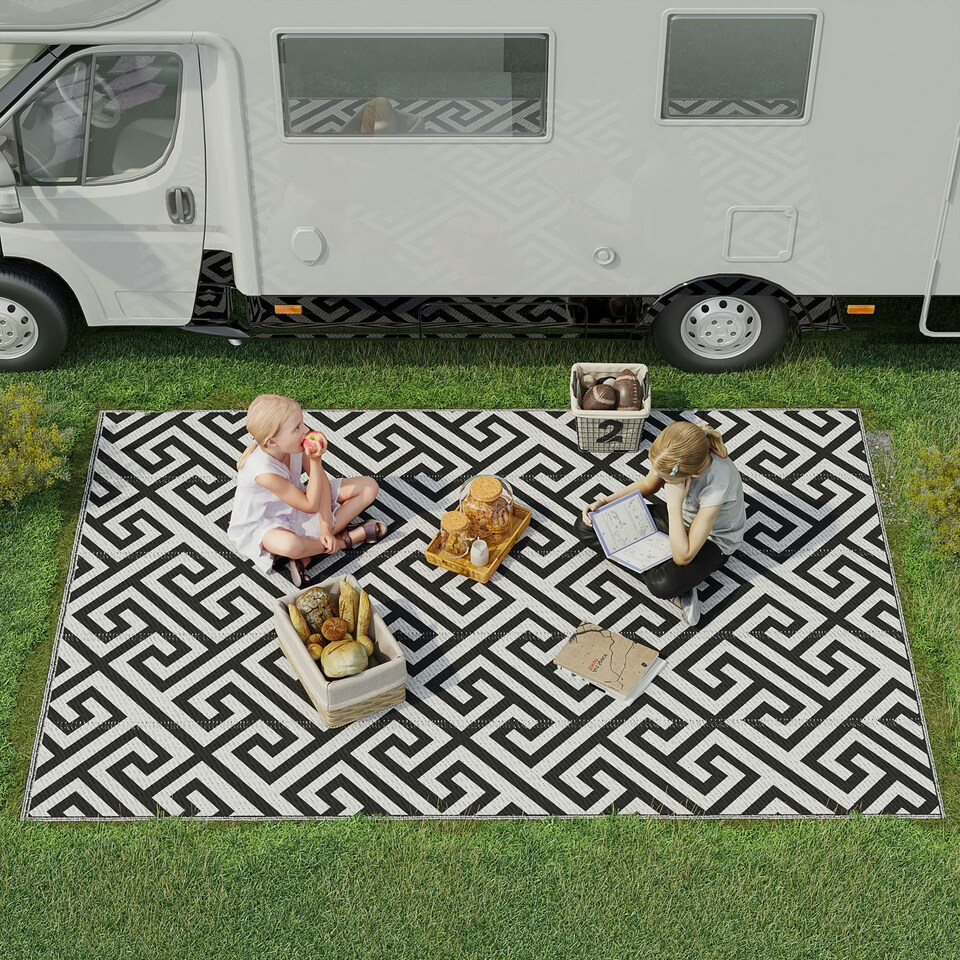image 1 of Outsunny 182x274cm Reversible Outdoor Rug Portable Plastic Straw RV Camping Mat Black | Black