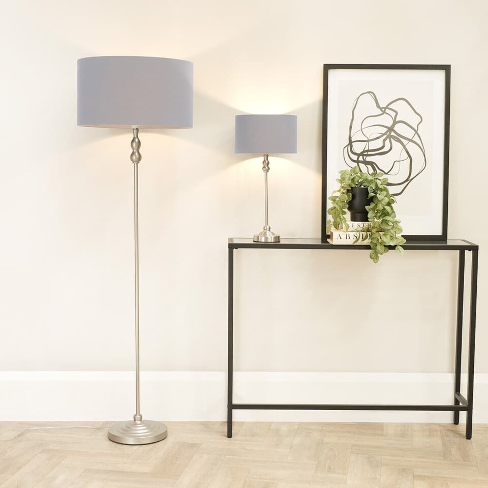 image 1 of ValueLights Maggie Chrome Candlestick Table Lamp Grey Shade | Silver