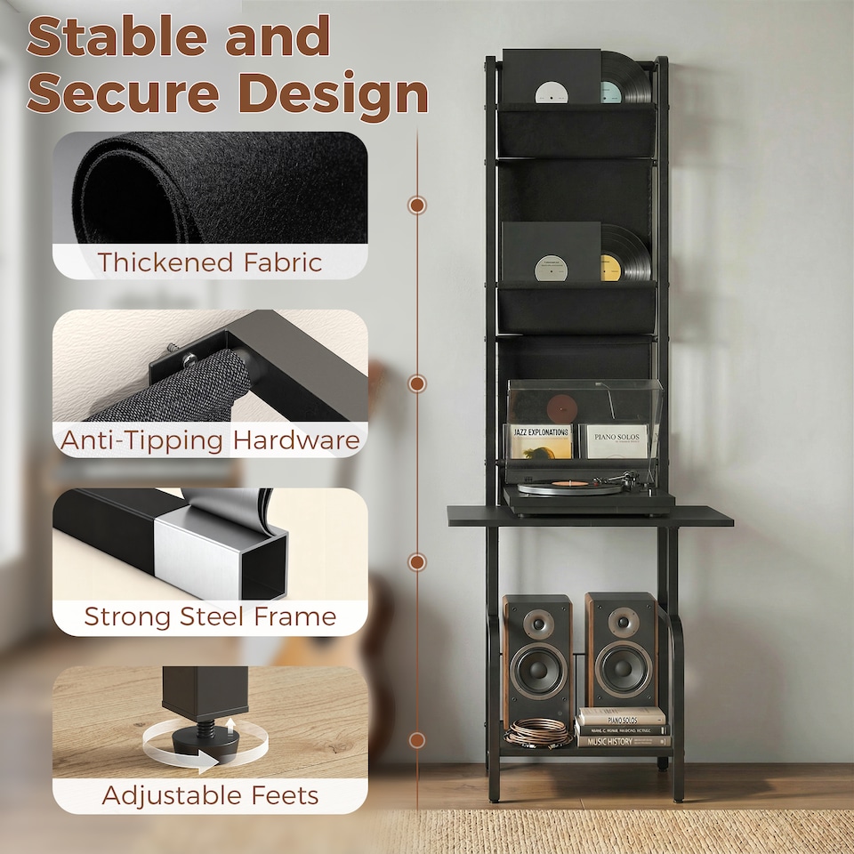 image 1 of HOMCOM Vinyl Record Player Stand with Oxford Pockets, Black