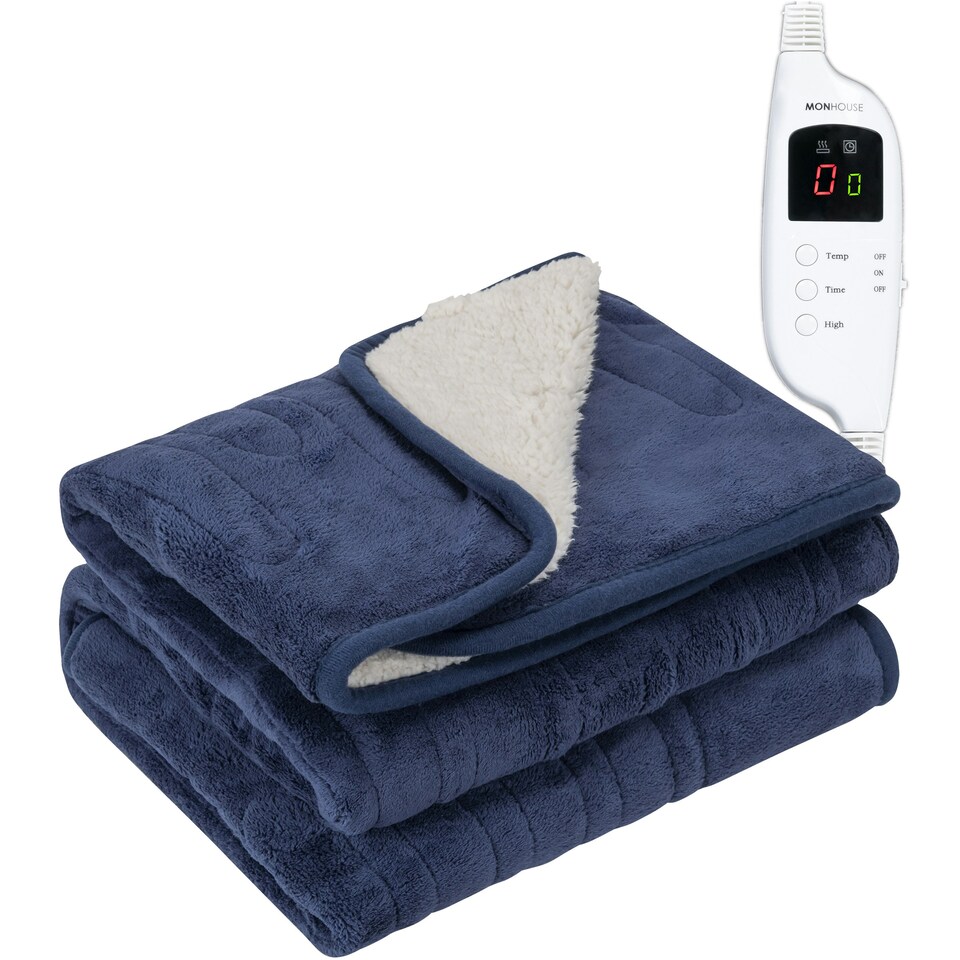 MONHOUSE Heated Throw Electric Blanket Digital Controller Timer up to 9 hours 9 Heat Settings Machine Washable Single 130X160cm NAVY SHEARLING Tesco Groceries