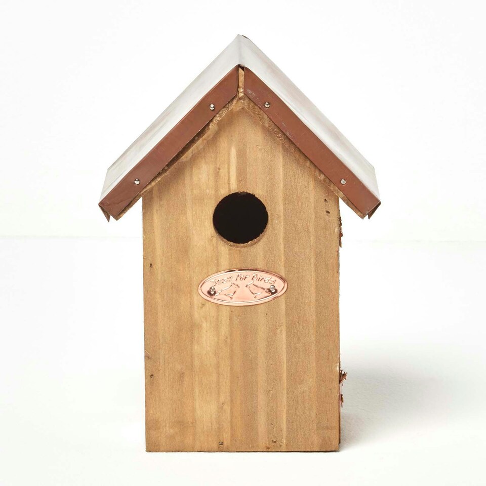 image 1 of Homescapes Real Wood Bird Box House with Copper Roof Brown