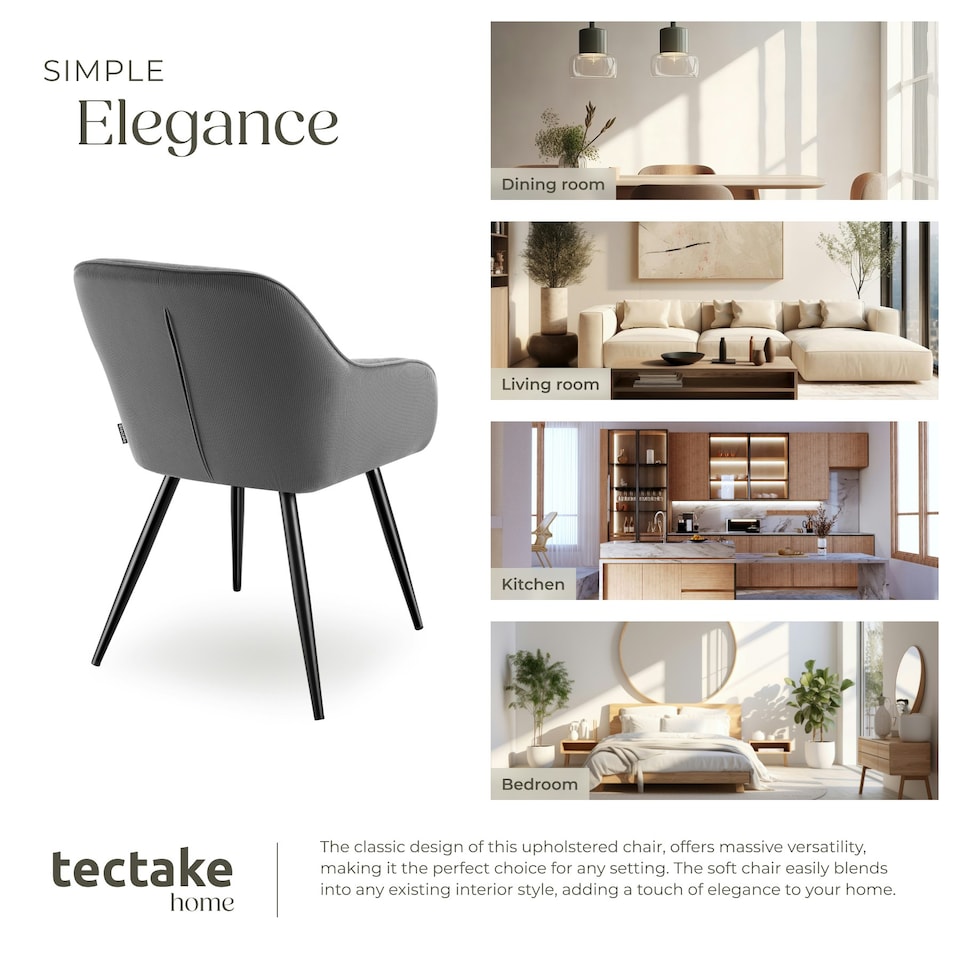 image 1 of Dining Chair Marilyn - corduroy look, upholstered, armchair, continuous backrest - Set of 2 Grey | Grey/Black