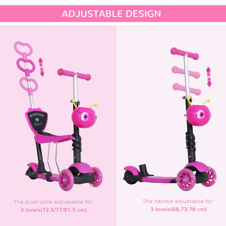 image 1 of Kids Kick Scooter, Three-Wheel Walker w/ Removable Adjustable Seat, Pink