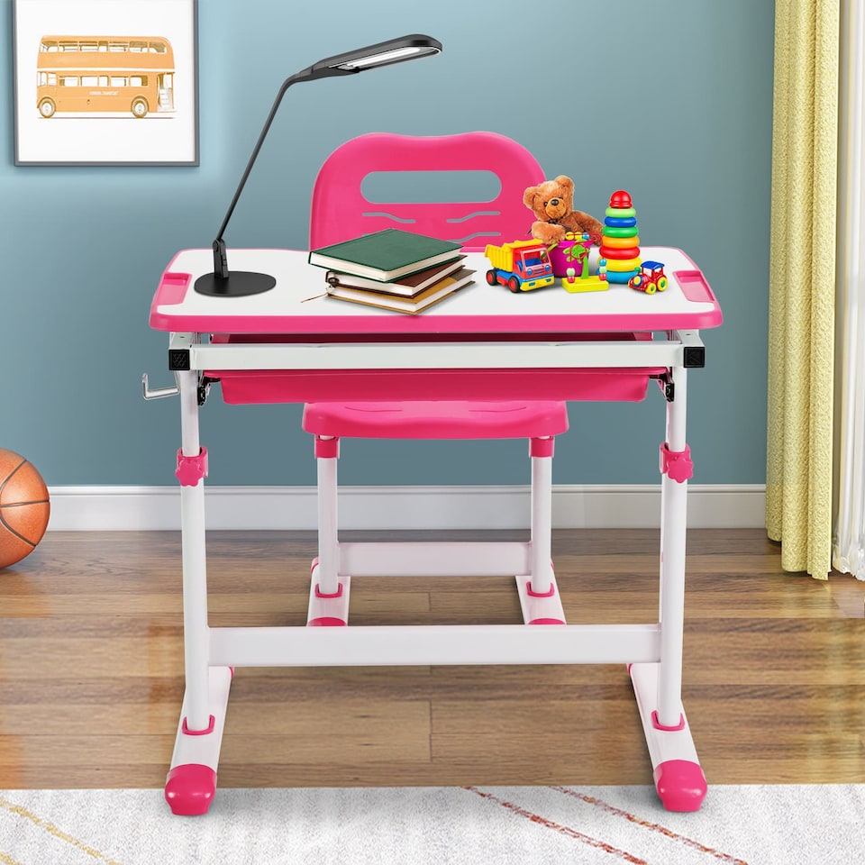 image 1 of COSTWAY Height Adjustable Kids Study Table and Chair Set with Tilting Tabletop-Pink