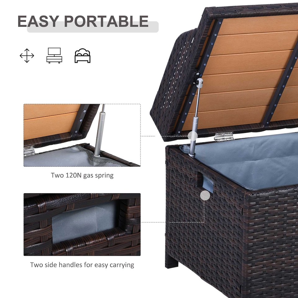 image 1 of Outsunny PE Rattan Outdoor Storage Bench, Aluminium Garden Bench with Storage Underneath with Zipped Inner Lining, Rods for Deck, Mixed Brown