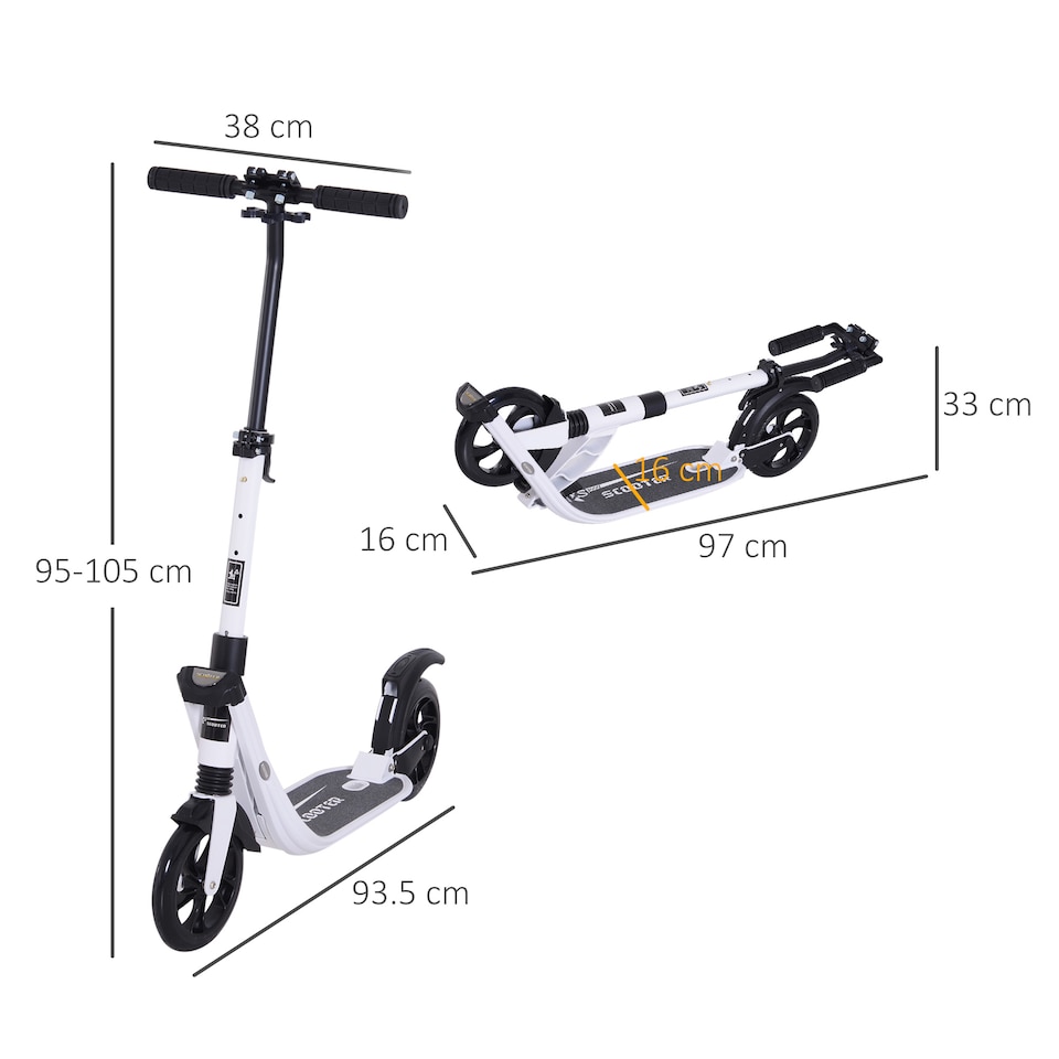 image 1 of HOMCOM Folding Kick Scooter Hight-Adjustable Urban Scooter with Rear Brake, Double Shock Absorption System & 2 Big Wheels, For 14 older Teens Adult, White