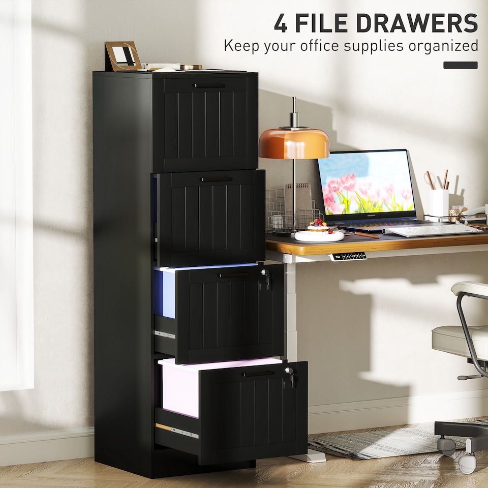 image 1 of HOMCOM 4 Drawer File Cabinet with Lock and Adjustable Hanging Bars, Black