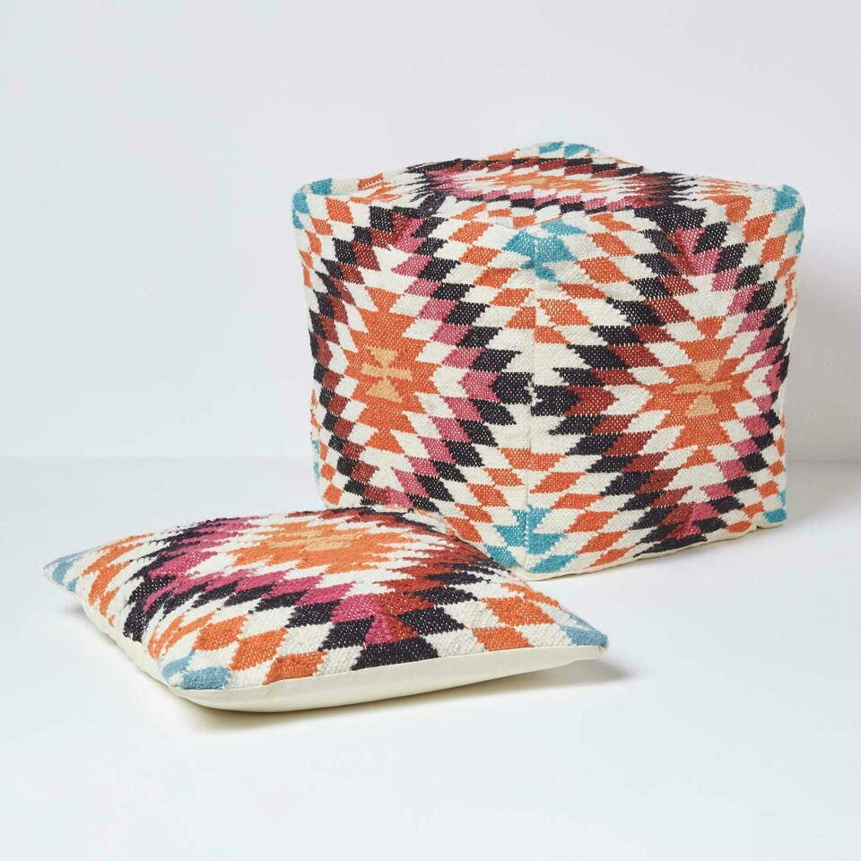 image 1 of Homescapes Manila Orange and Pink Kilim Footstool Handwoven Beanbag Pouffe - 43 x 43 cm
