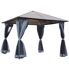 Outsunnym 3 x 3m Hardtop Gazebo Canopy with Polycarbonate Roof, Aluminium Frame, Permanent Pavilion Garden Gazebo with Netting and Curtains  Grey