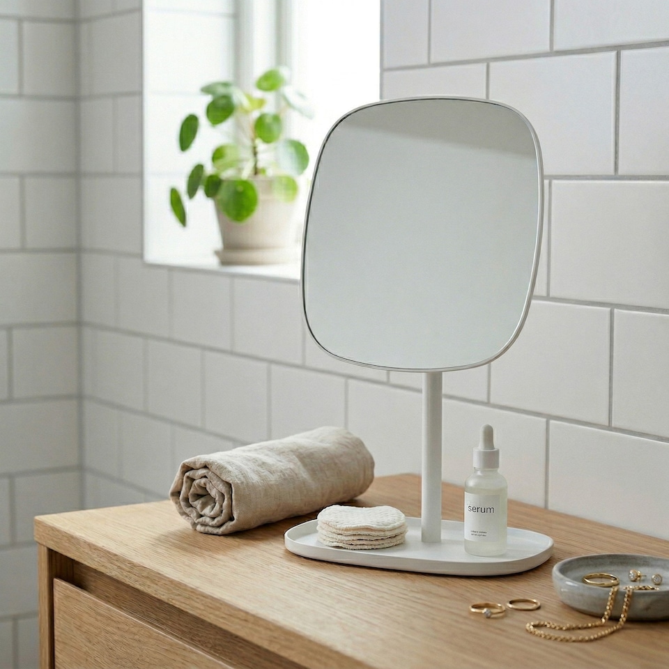 image 1 of BESLAGSBODEN Matt White Freestanding Bathroom Mirror with Storage Tray