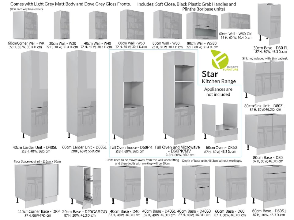 image 1 of Kitchen Cabinet Pull Out Storage Basket 200mm Unit Modern Grey Gloss Base Storage Cupboard Star