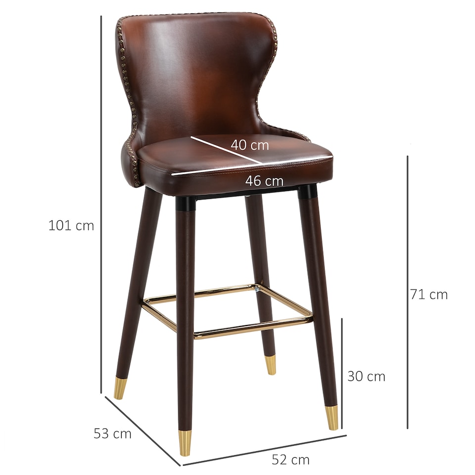 image 1 of HOMCOM Bar Stools Set of 2, PU Leather Barstools with Backrest, Footrest and Solid Wood Legs, Dining Stools for Kitchen, Counter, Breakfast Bar, Brown