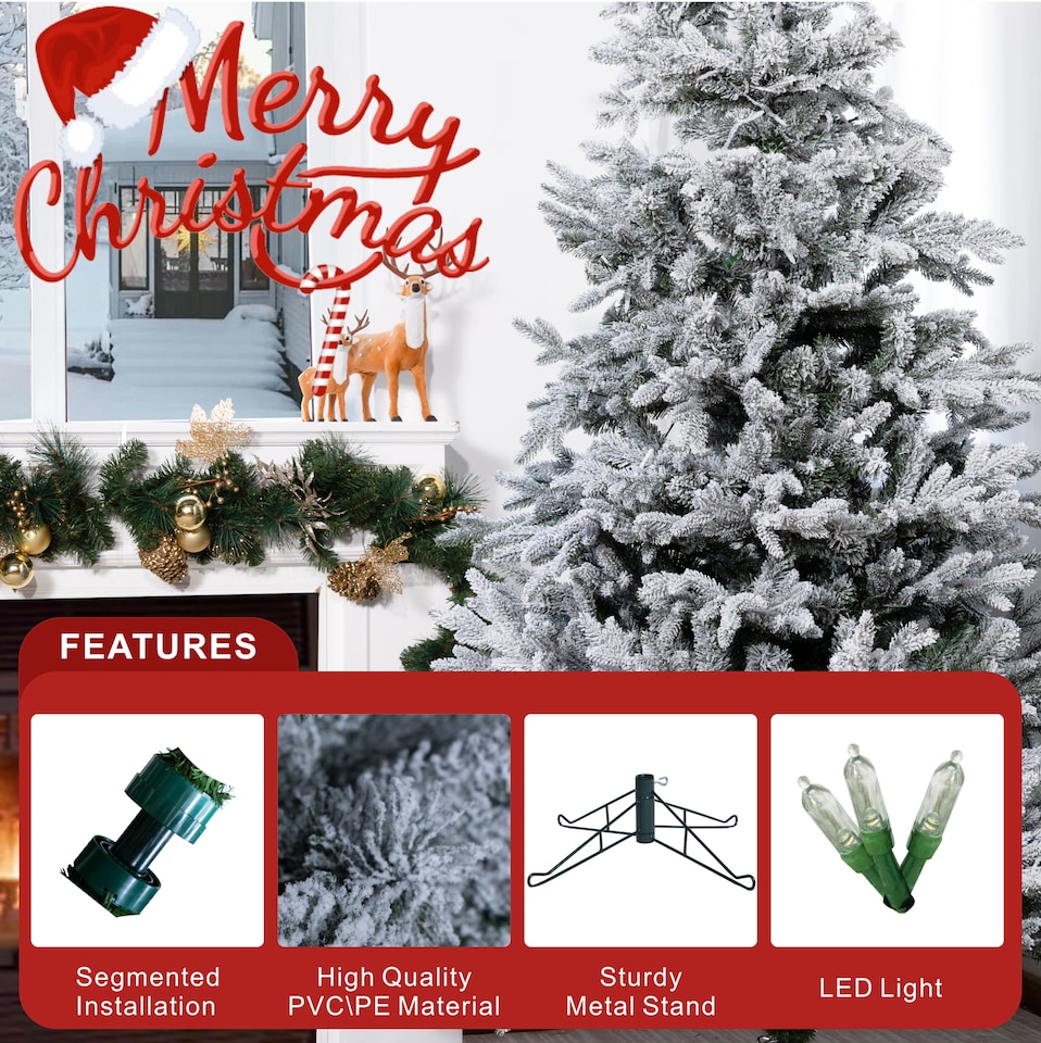 image 1 of Abrihome 7ft Noble Fir Christmas Tree with 1,074 Branch Tips, Snow Covered Artificial Xmas Tree