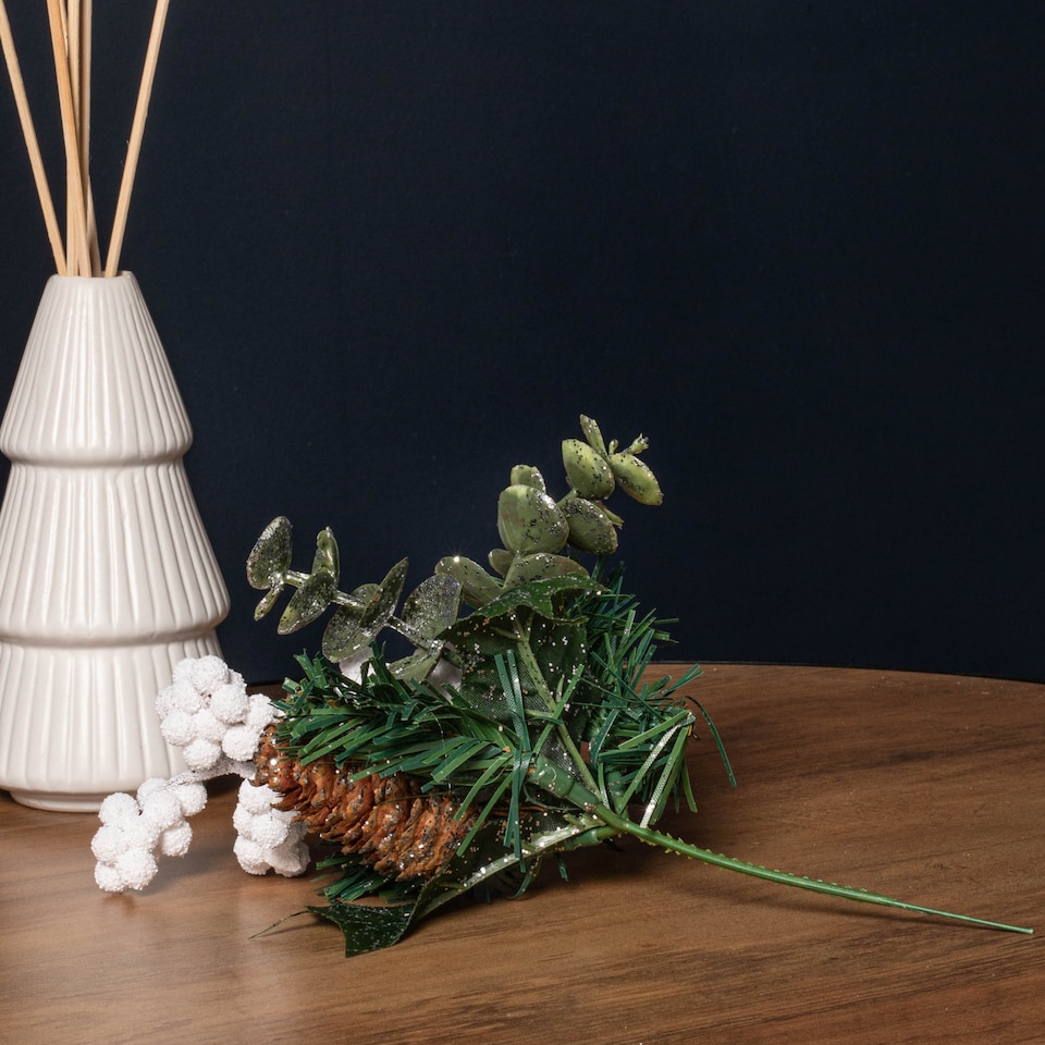image 1 of 20cm Christmas Eucalyptus Pick with White Frosted Berries and Pinecone