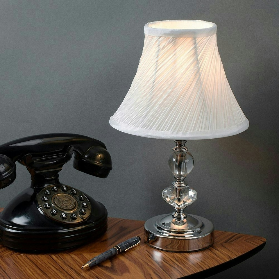 image 1 of ValueLights Pair Of Modern Polished Chrome Touch Table Lamps With White Pleated Shades | Chrome