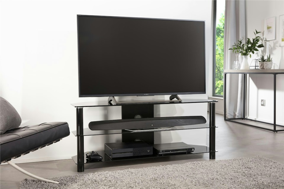 image 1 of Essentials TV-Stand with 3 Shelves Black/Glass ESS1200/3-BLK | Black | Black | One Size | 249