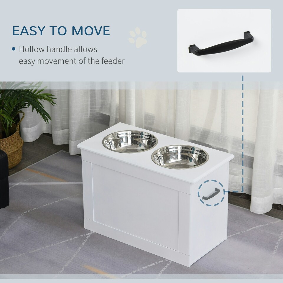 image 1 of PawHut Raised Pet Bowls w/ Storage, Two Stainless Bowls, Elevated Base - White