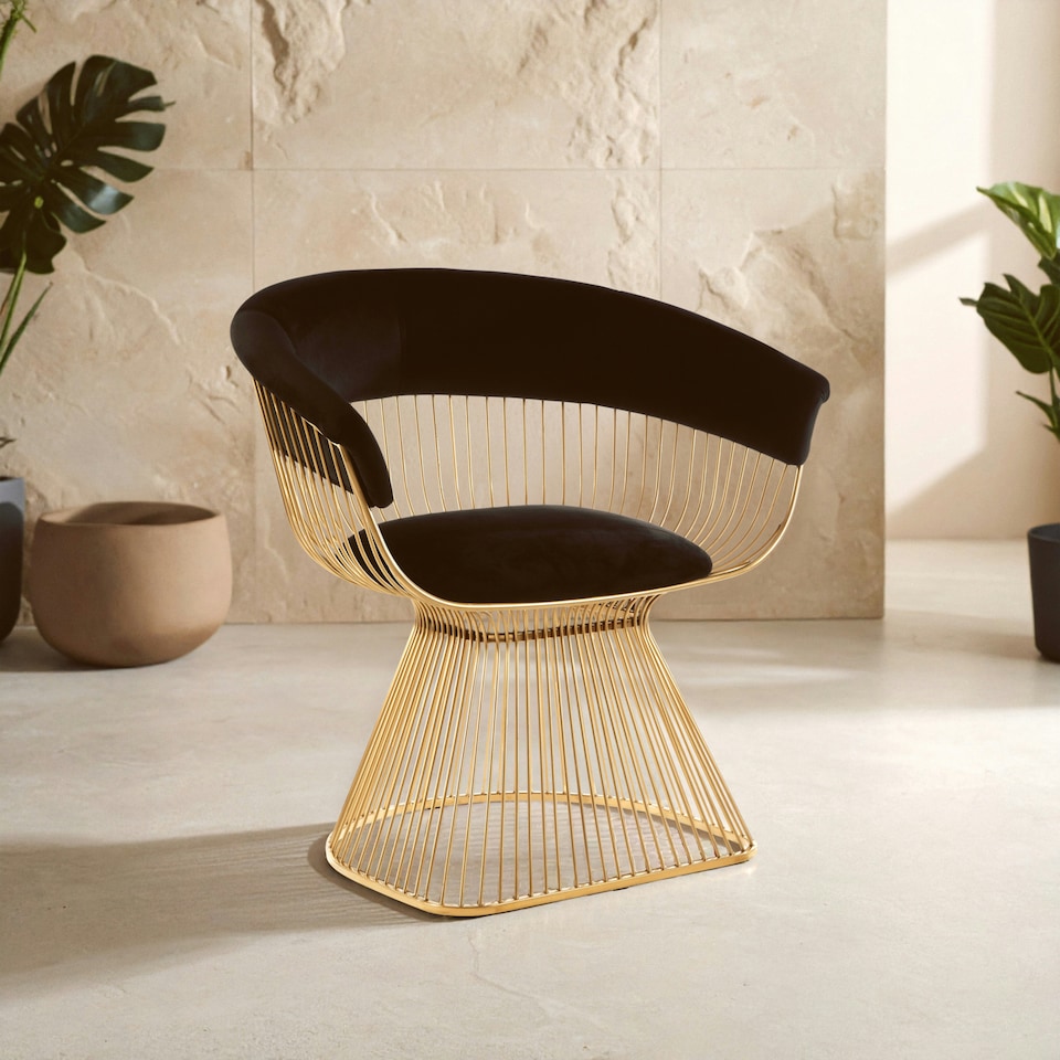 image 1 of Interiors by Premier Black Velvet and Gold Finish Chair, Easy to Clean Small Velvet Chair, Large Black Steel Frame Armchair