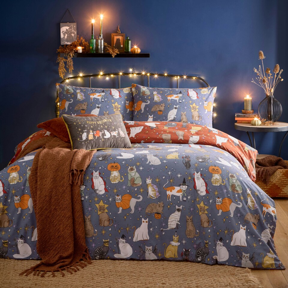image 1 of furn. Halloween Pawty Printed Reversible Single Duvet Set Orange | Single