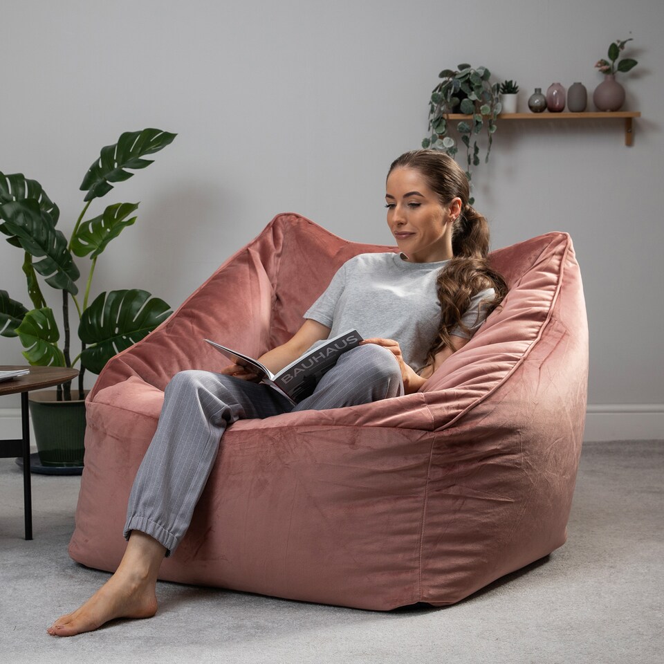 image 1 of Natalia Velvet Adults Bean Bag Armchair and Pouffe, Ready Filled Large Beanbag and Footstool Dusk Pink | Pink | Dusk Pink | XL | 2