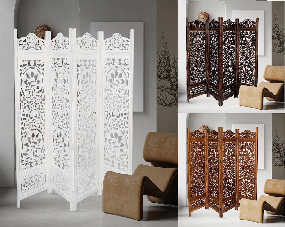 image 1 of 4 Panel Heavy Duty Carved  Screen Wooden Lotus Design Room Divider Dark Brown 200 x 180 cm | Brown | Dark Brown | 200 x 180 cm