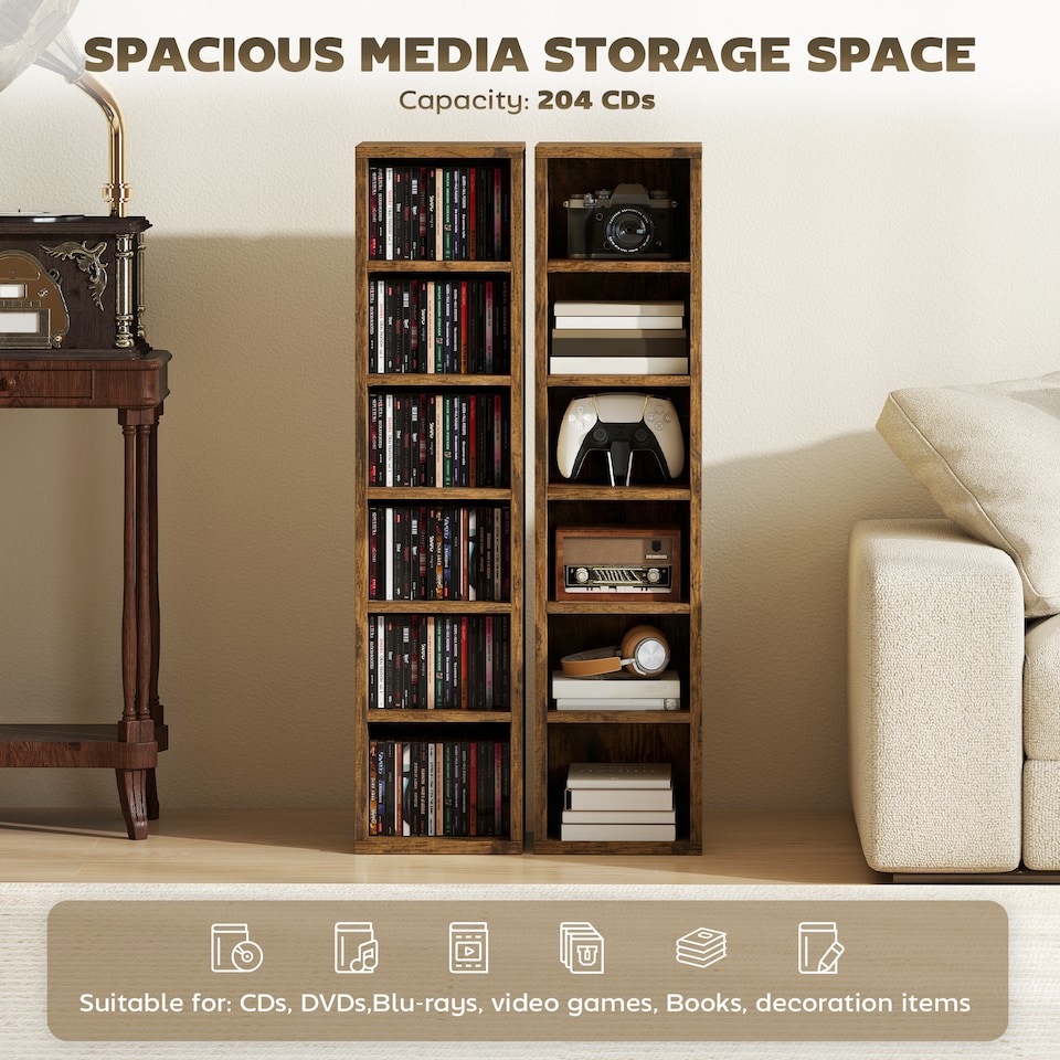 image 1 of HOMCOM Set of 2 CD Storage Units with Adjustable Shelves, Rustic Brown | Brown | Rustic Brown | 21W x 22.5D x 88.5H cm