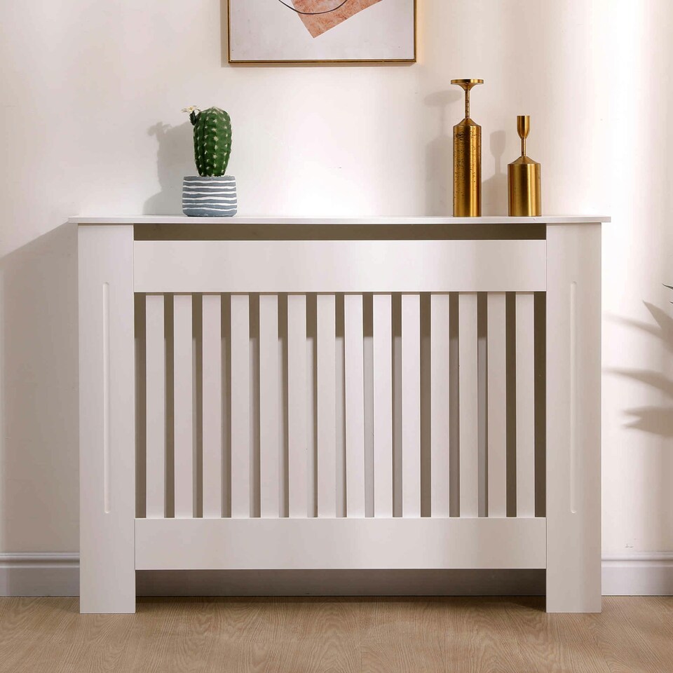 image 1 of Oypla Medium White Wooden Slatted Grill Radiator Cover MDF Cabinet