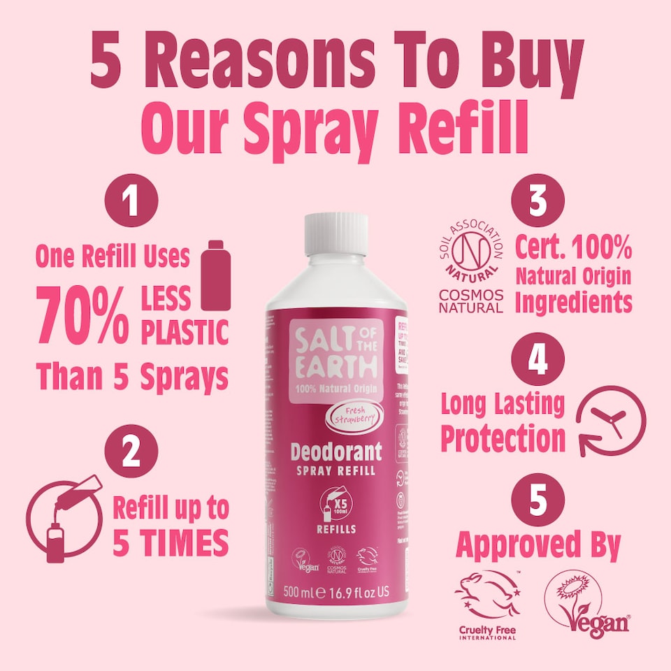 image 1 of Salt of the Earth Deodorant Spray Refill Fresh Strawberry Natural Origin Ingredients Vegan 500ml