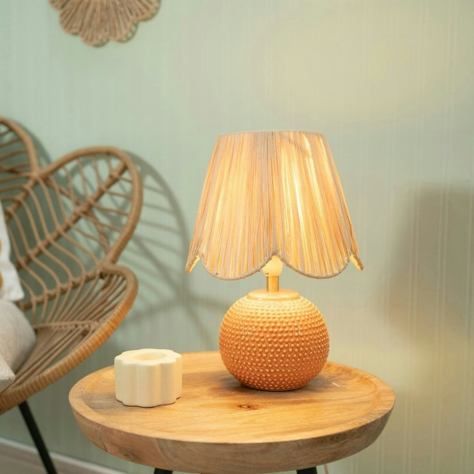 image 1 of ValueLights Sebby Pair of Ceramic Globe Textured Table Lamps with Raffia Lamp Shades and LED Bulbs Orange