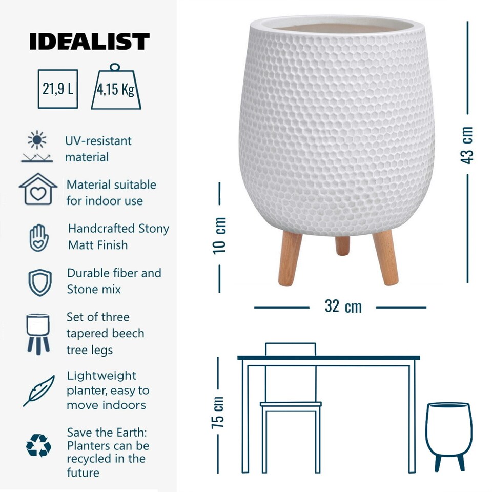 image 1 of Honeycomb Style White Planter with Legs, Round Indoor Plant Pot Stand for Indoor Plants by Idealist Lite D30 H43 cm, 19L