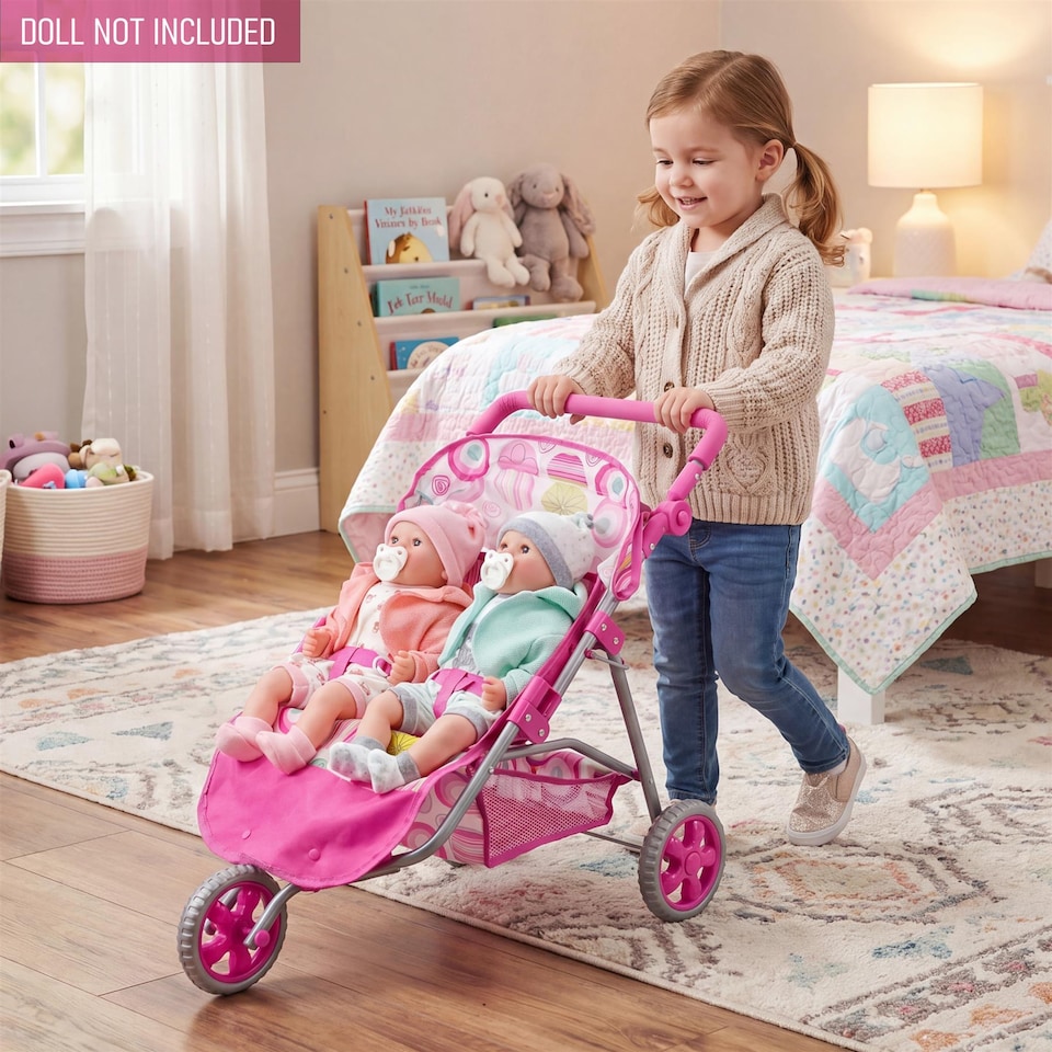 image 1 of BiBi Doll 3 Wheeler Twin Dolls Pink Pushchair Toy with Canopy & Basket For Up To 20" Dolls