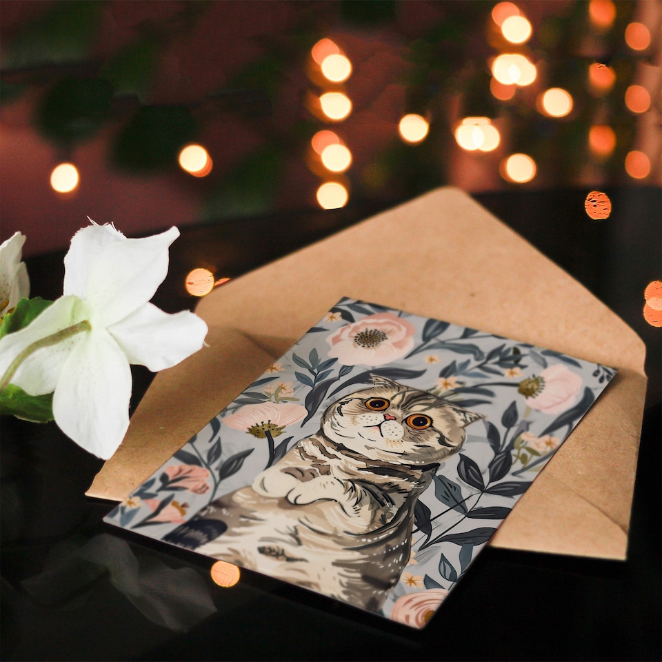 image 1 of Greeting Card Cat Lover Cute Scottish Fold with Pink Poppies Get Well