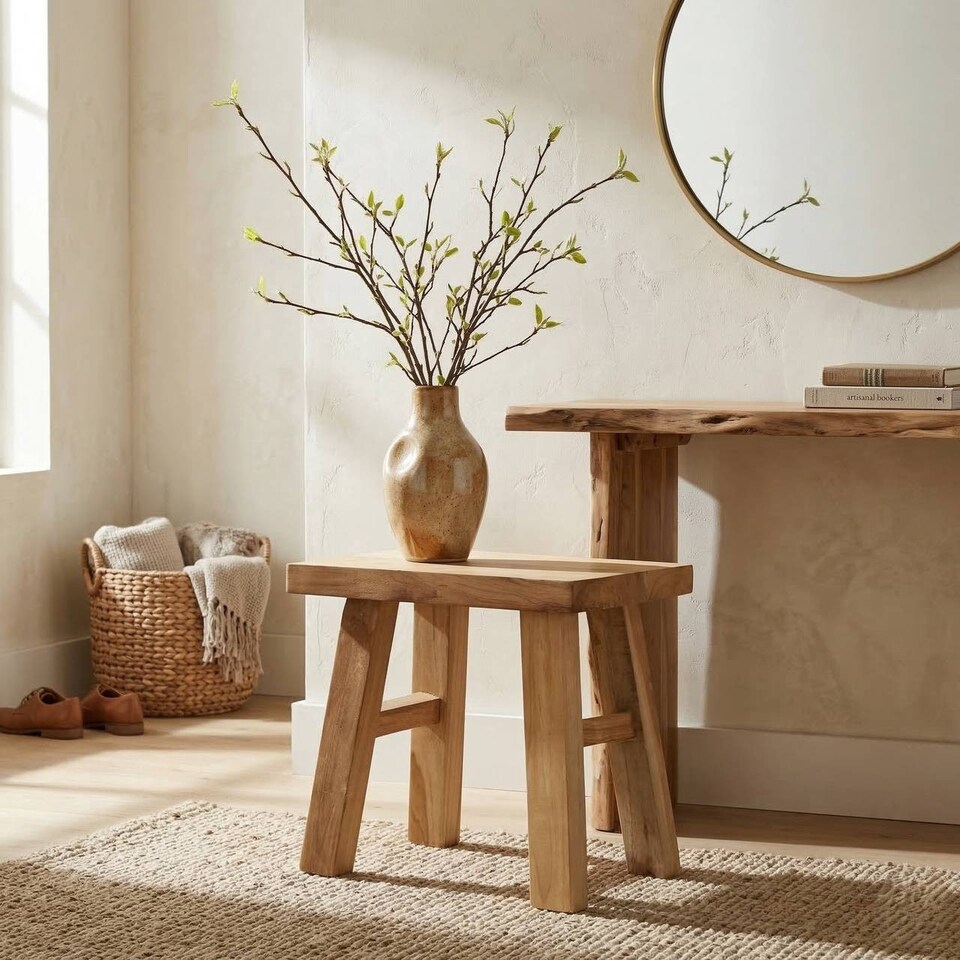 image 1 of Solid Teak Wood Side Table Stool Rustic Square Plant Stand | Brown | Brown | 1