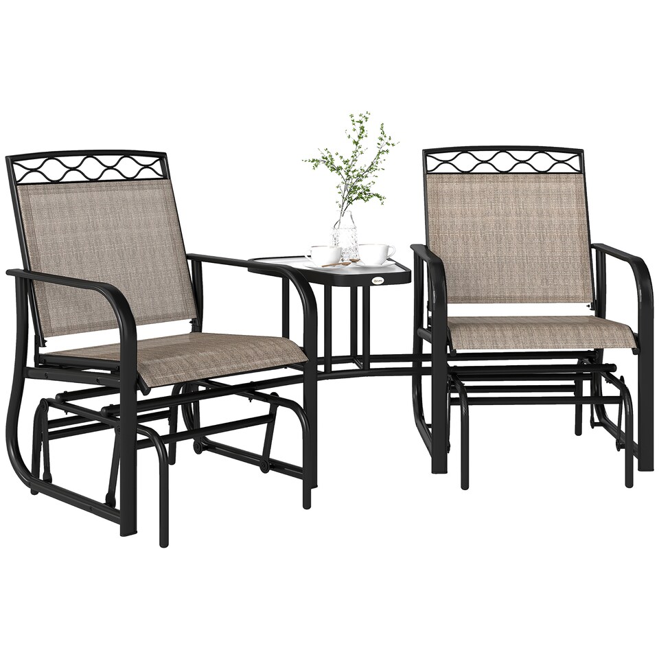 image 1 of Outsunny Double Outdoor Glider Chair, 2 Seater Patio Rocking Chairs, Swing Bench with Tempered Glass Table, Breathable Mesh Fabric for Backyard, Garden, Porch, Brown