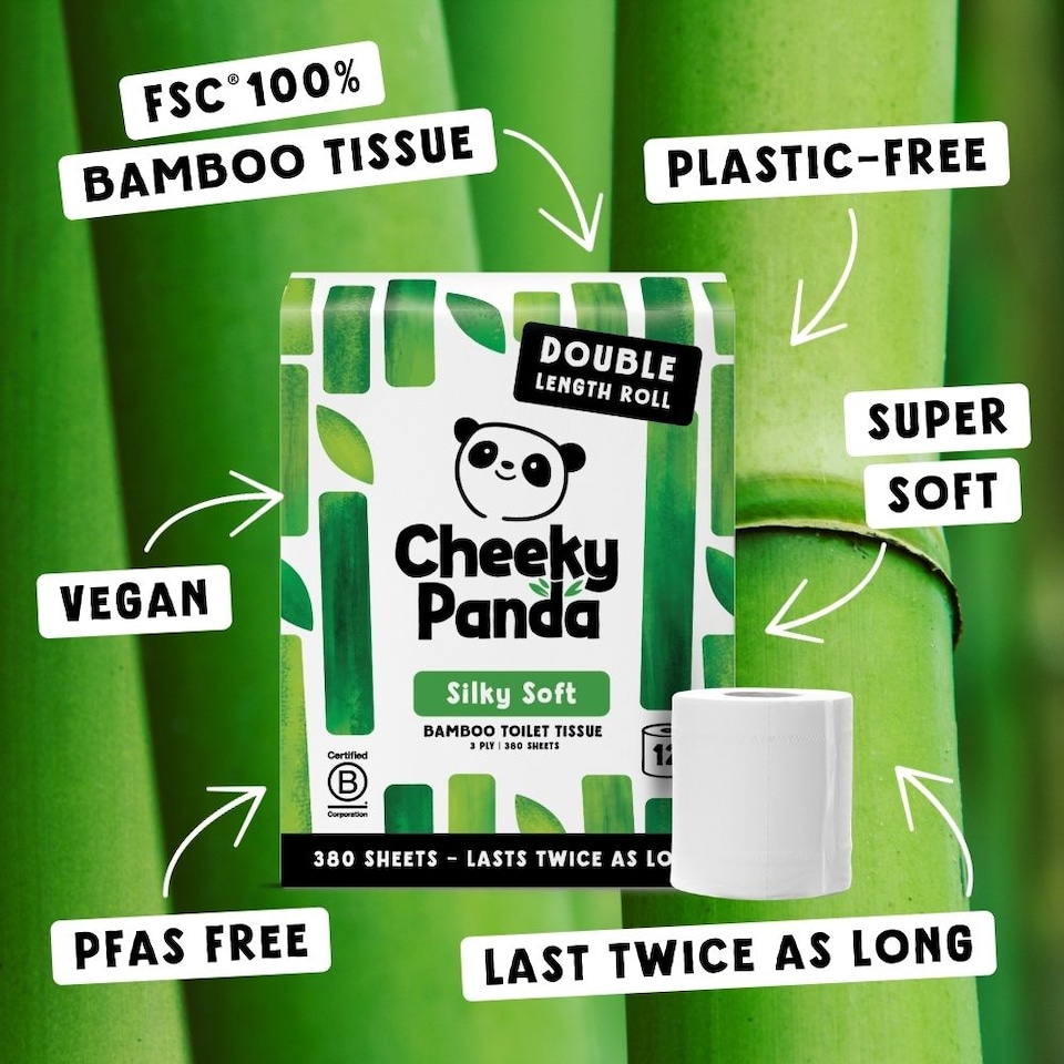 image 1 of Cheeky Panda Double-Length Silky Soft  Bamboo Toilet Paper 12 rolls 380 3 ply sheets | White | Size: 12 Rolls | 12